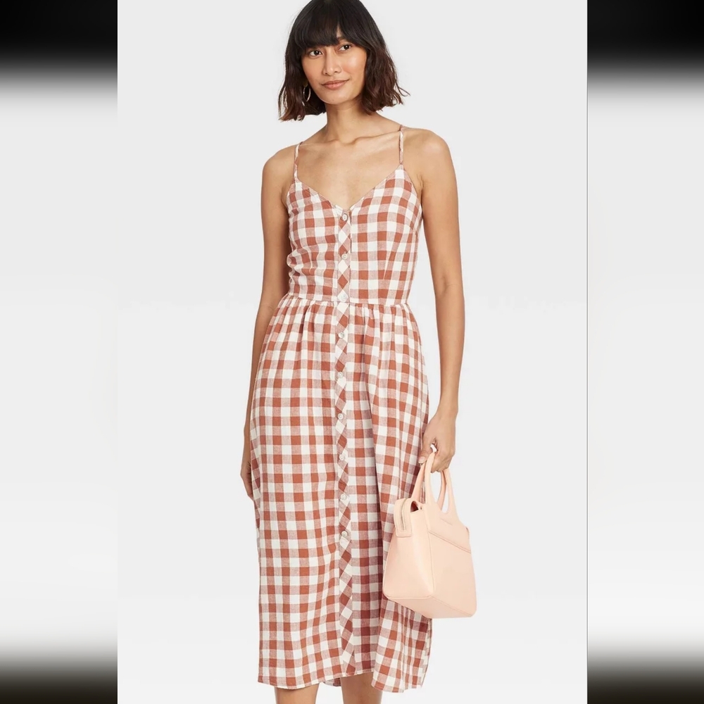 A New Day Midi Dress White Brown Gingham Women's Size Medium NWT